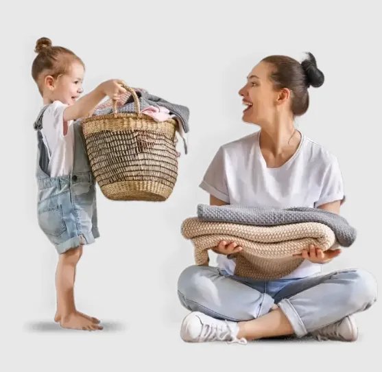 Mother and child with a laundry basket